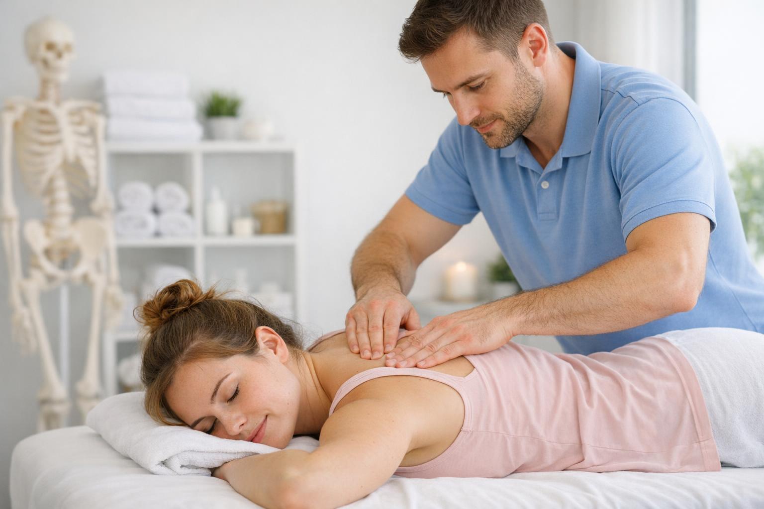 zdjęcie terapeuty wykonującego pracę manualną na plecach młodej mamy