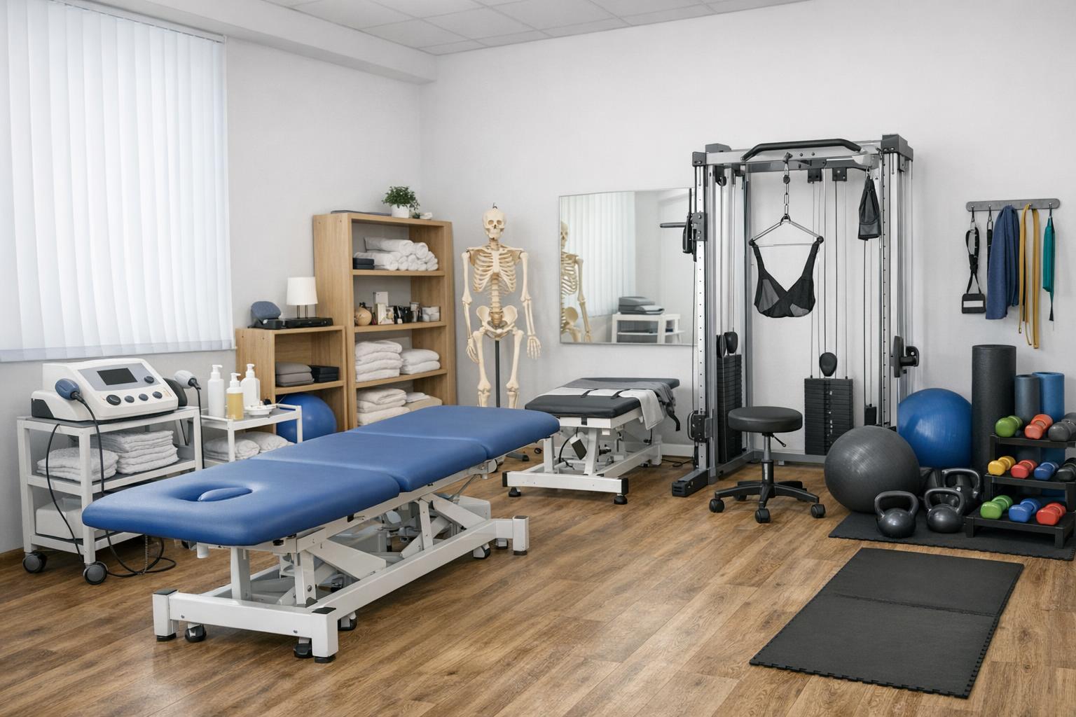 Gabinet rehabilitacyjny z urządzeniami do terapii manualnej i sprzętem do ćwiczeń